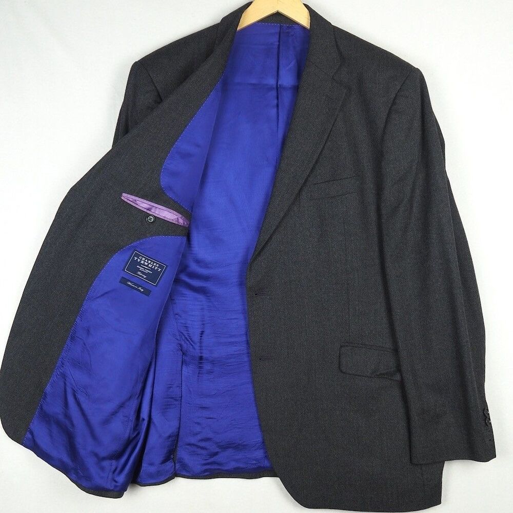 Charles Tyrwhitt Italian Wool Suit Jacket Mens 48L Charcoal Gray Blazer Cuffs